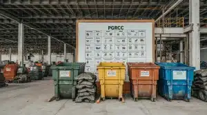 Área de obra com caçambas organizadas e sinalizadas para descarte, representando o PGRCC